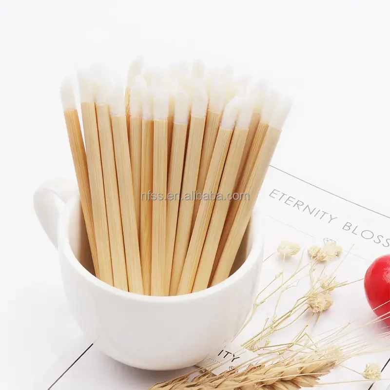Eco Friendly Disposable Bamboo Stem Handle Flocked Head Lip Stick Gloss Make Up Brush Lip Brush