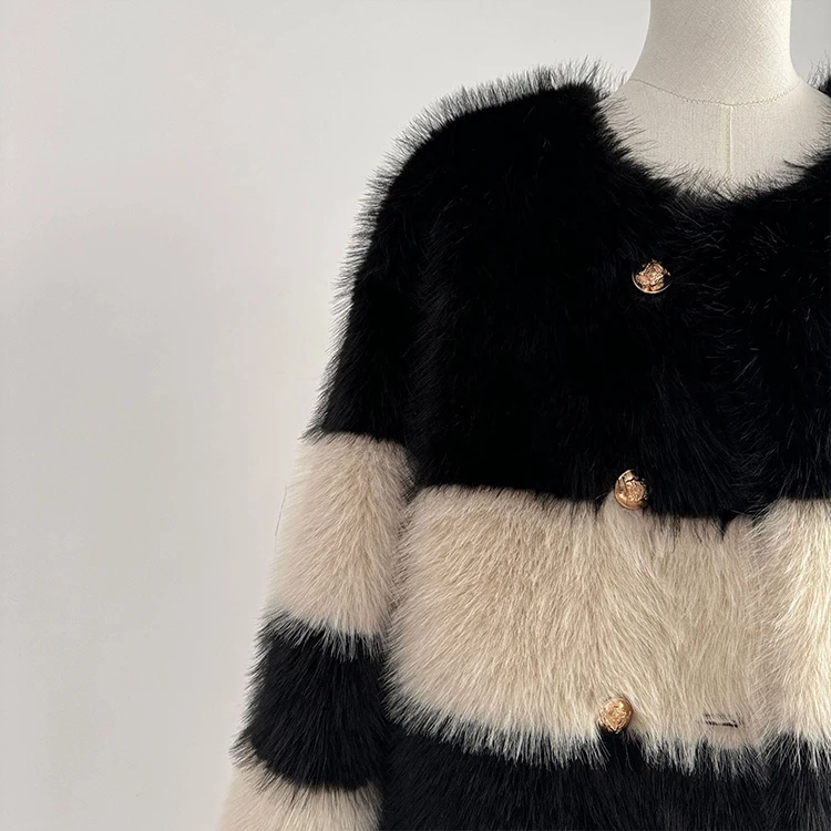 Women Faux Fox Fur Cozy Fluffy 2 Colorway Double Breasted Long Sleeve Crew Neck Faux Fur Casual Fashion Women Fox Fur Coat