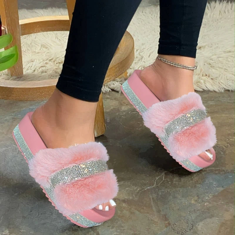
2021 wholesale new designer fashion faux fur furry slides indoor outdoor rhinestone fluffy slippers for women 