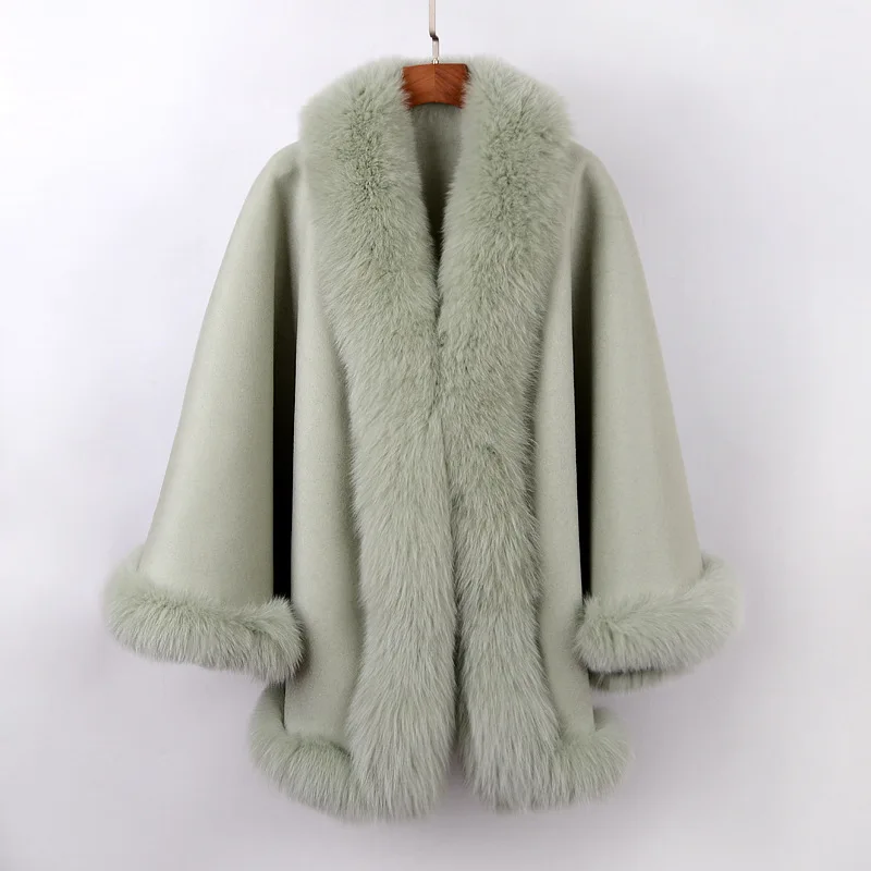 100% Cashmere Women Wool Knitted Poncho Women Winter Real Fox Fur Shawl