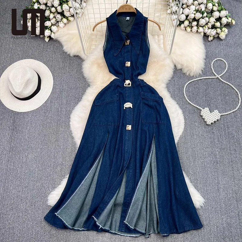 Liu Ming Fashionable 2024 Designer Women Summer Split High Waist Jeans Sleeveless Sundress Denim Dress