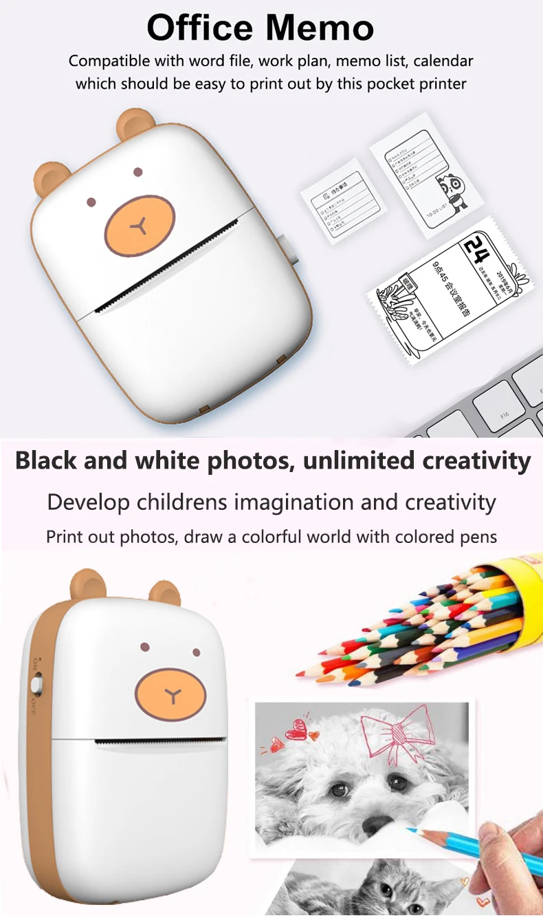 Mini Handheld Printer Pocket BT Wireless Mobile Printer Office Memo 57mm Thermal Printer Mini
