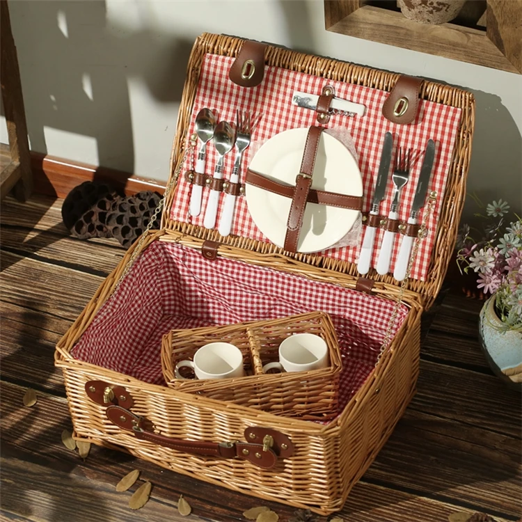 Willow Hamper Red Rattan For 2 4 People Travel Useful Wholesale With Lid Baskets Cover Weaving Wicker Picnic Storage Basket Set