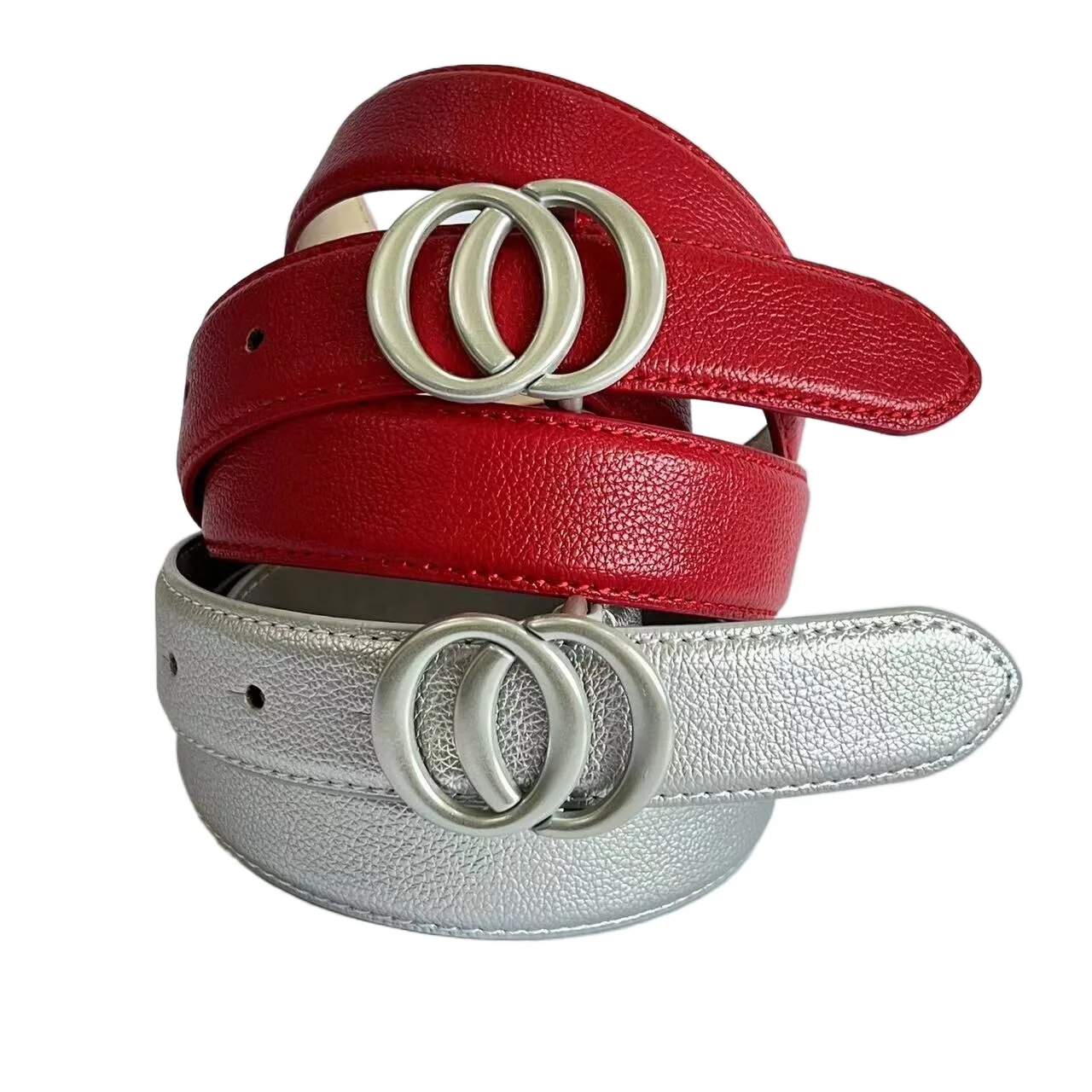 Designer Belts Women Kid Belts With Double O Ring Slide Buckle in Red or White or Pewter Color or Custom Color
