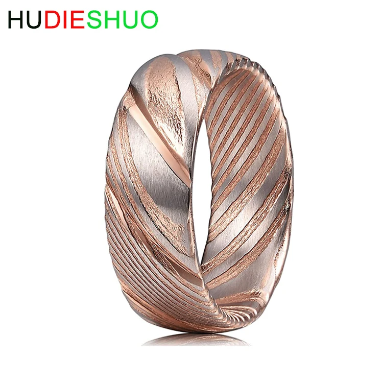 8mm Damascus Steel Mens Wedding Ring Domed Grooved Wood Grain Bold Hand Forged Ring