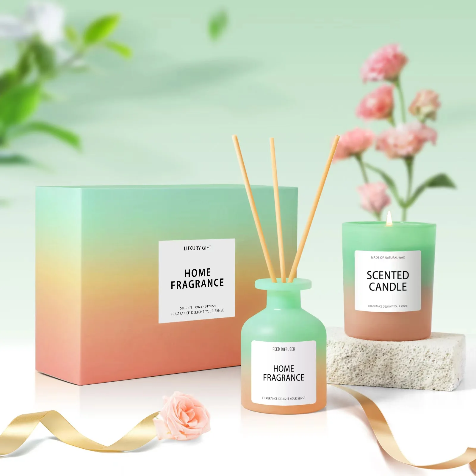 Summer and Spring Soy Wax Good Fragrance Scented Candle and Reed Diffuser Gift Set