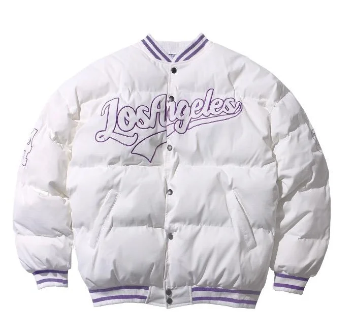 Private label  warm winter custom logo size kids adult varsity embroidery  plus size letterman puffer baseball bomber jacket