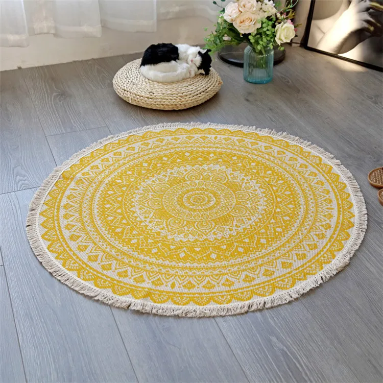 Bohemian Mandala Round Carpet Living Room Bedroom Cotton Line Round Rug Carpet 90x90cm Area Rug Retro Floor Carpet