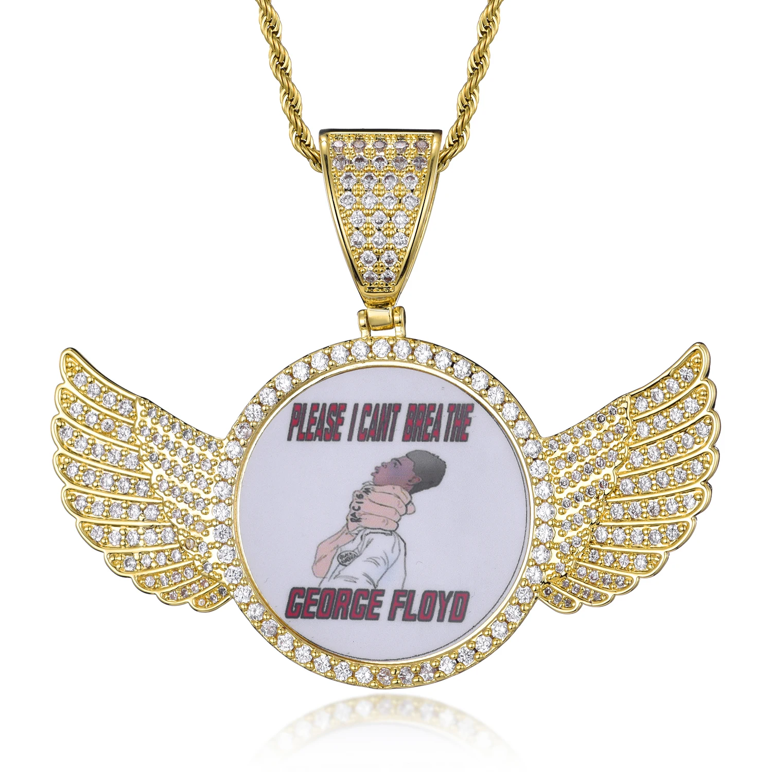Copper inset zircon circle brand wings exchangeable photo pendant necklace