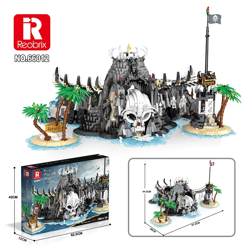 Reobrix 66012 Piate Ship The Skull Pirate Island Bay Kit Moc Building Block Brick Classic Movie Model Toys