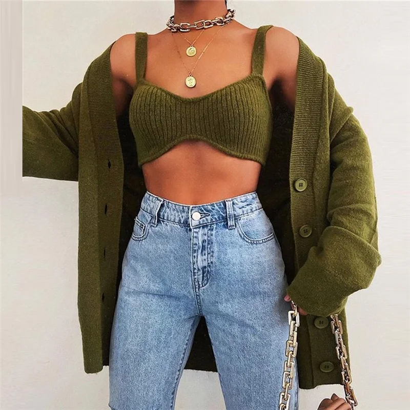 Custom Olive Green Sweater Set High Quality Ladies Fall Winter Knit Bra Top Cardigan Set Knit Two Piece Sweater Set Womens