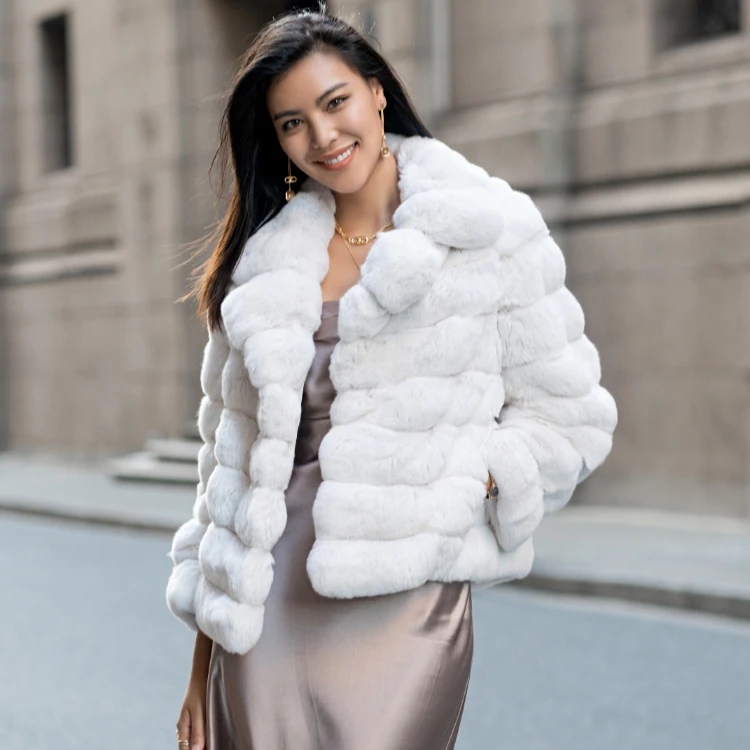 Wholesale Price American Style Medium Length White Fluffy Fur Shawl Collar Women Real Fox Fur Coat