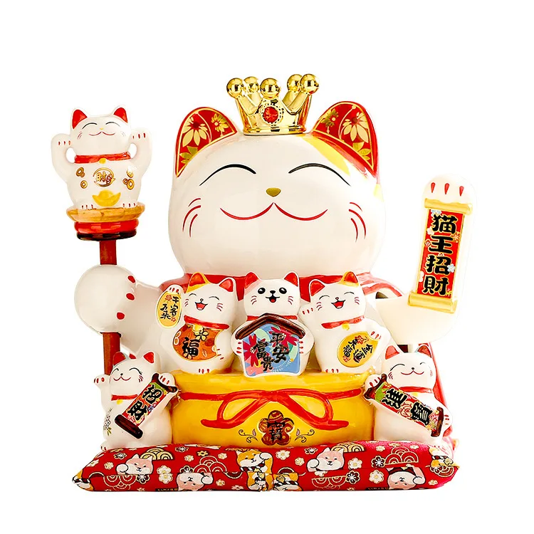 BONWILL Lucky Cats 9 Inch 11 Inch Cat King with 5 Mini Cats