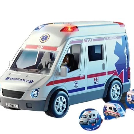 Simulation ambulance plastic car model and building block doll can open the door and light and sound