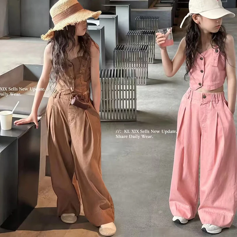 Spring Summer  kids clothes set girls 7-14 years of age  High Street Solid color Top Pants 2 Piece jean set girl Clothing