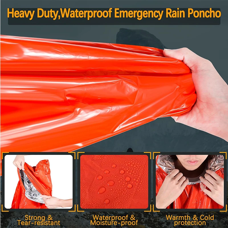 Waterproof Orange PE Aluminium Foil Survival Emergency Rain Poncho With Mylar Blanket Liner
