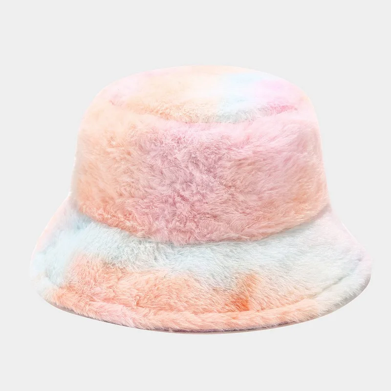 New cute girl rainbow colored plush fisherman hat for winter Japanese style small fresh warm bucket hat
