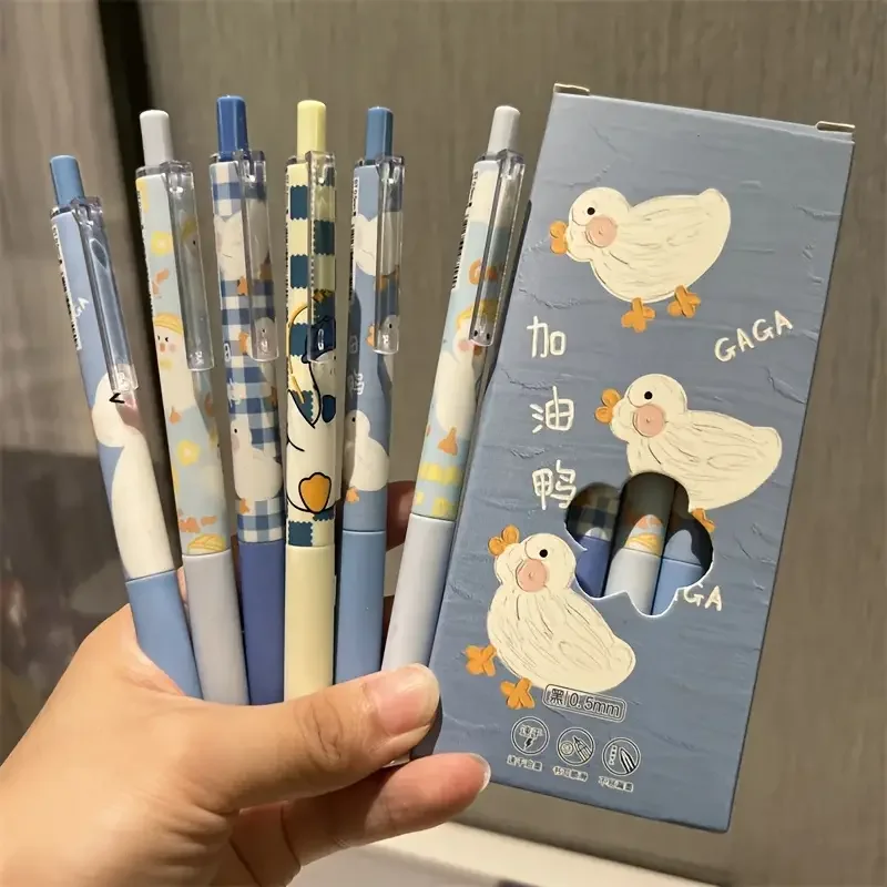 6pcs/set 0.5mm Cute Duck Gel Pens - Fine Writing Instruments with ST Nib, Black Ink, Press Pen Function Aesthetic Stationery