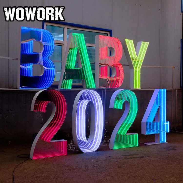 WOWORK 4ft neon Optical Illusion infinity mirror abyss light up letters backdrop stand for event decoration shop display decor
