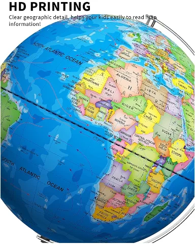 World Globe Illuminated Educational Globes with Printed Map for Kids Classroom Learning LED Globe Lamp with Stable Metal Base