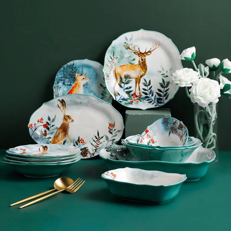 Forest Story Ceramic deer Tableware Series Set Salad Bowl Soup Dish Baked Rice Plate