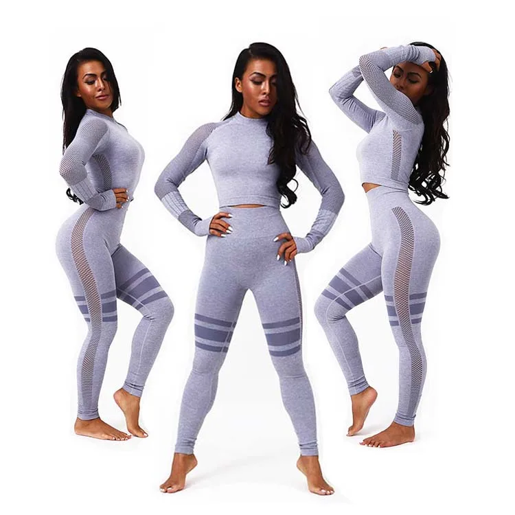 Женская одежда для тренировок и фитнеса, светло-серые леггинсы для йоги, топ с длинным рукавом, комплект из двух предметов для йоги
