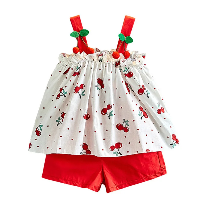 
Girls Clothing Sets 2021 New Summer Girls Flower Chiffon Cherry Halter Bow Top + Shorts 2pcs Suit Children Sets For 3-7 Years 