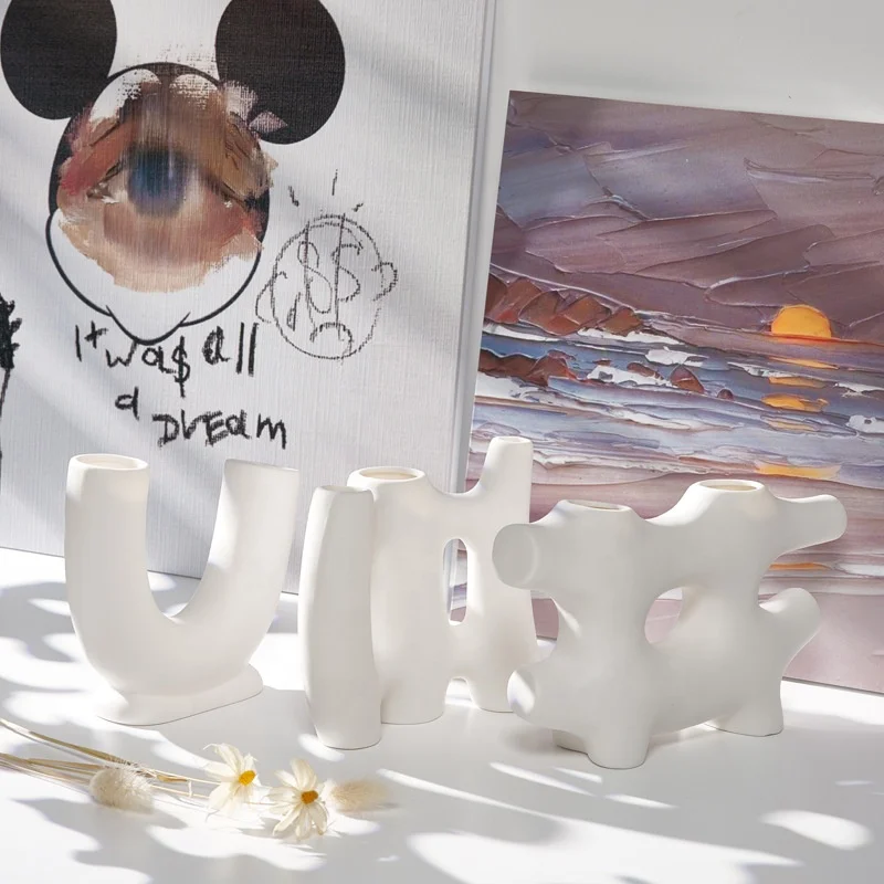 Korea style white simple click  flower ceramic vase ornament for room decoration