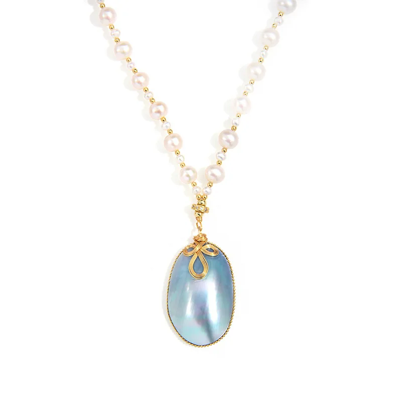 Vintage Dainty Charm mabe pearl Pendant 14k gold filled Labradorite freshwater pearl Sweater chain Necklace