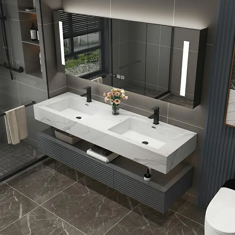 White Color Modern Hotel Bathroom Sink Wall Mounting Stone Vanity Basin