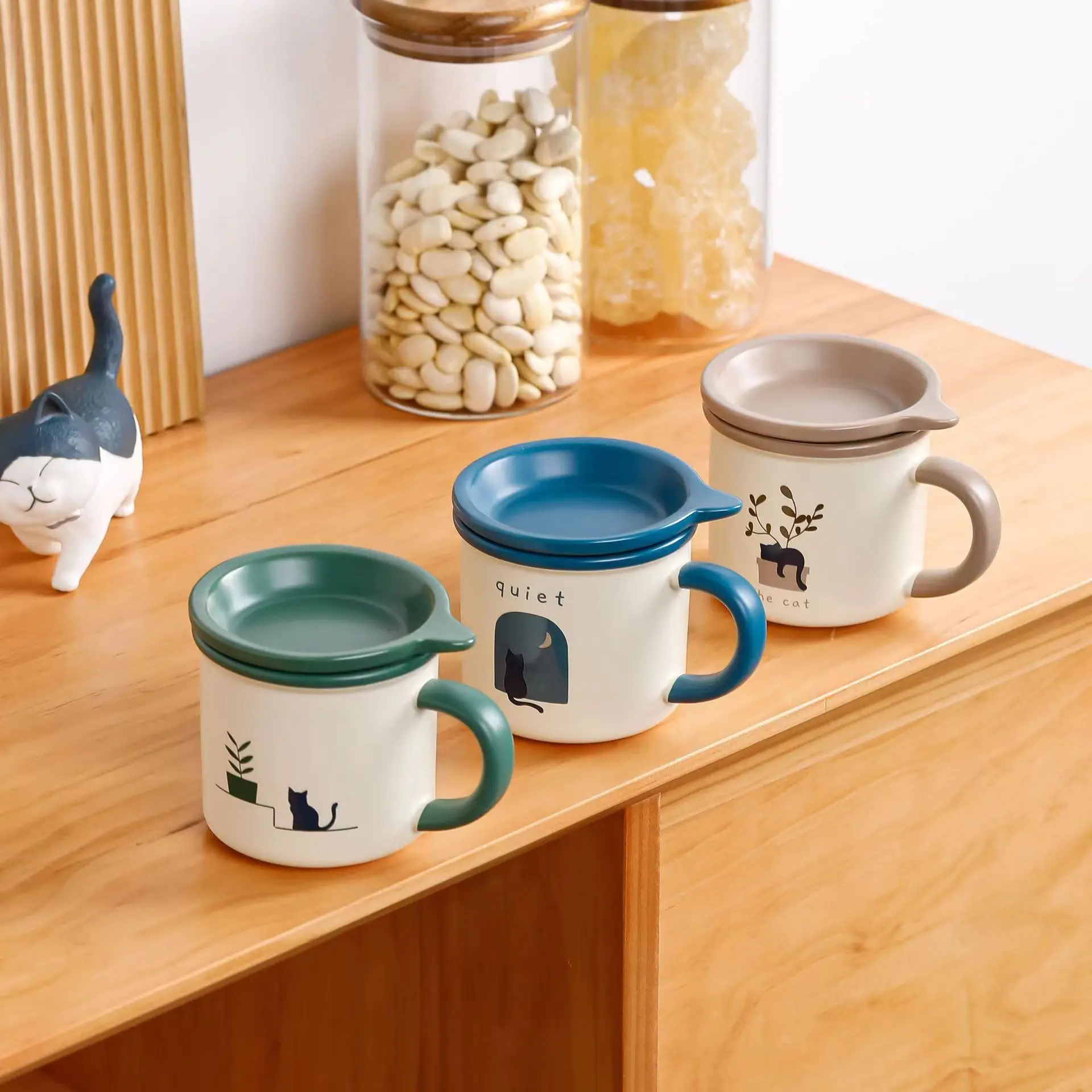 Custom logo factory direct high quality cute ceramic mugs ceramic coffee tea milk mug with lip and spoon for gift