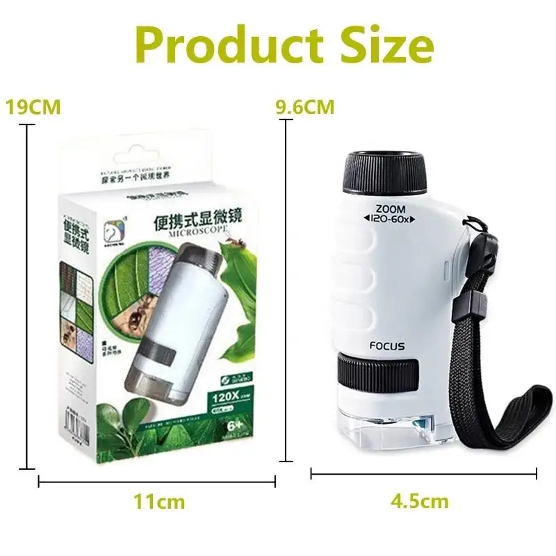 STEM Kids Portable 60-120X Zoom LED Lighted Pocket Microscope Toy for Kids 8-12 Gift