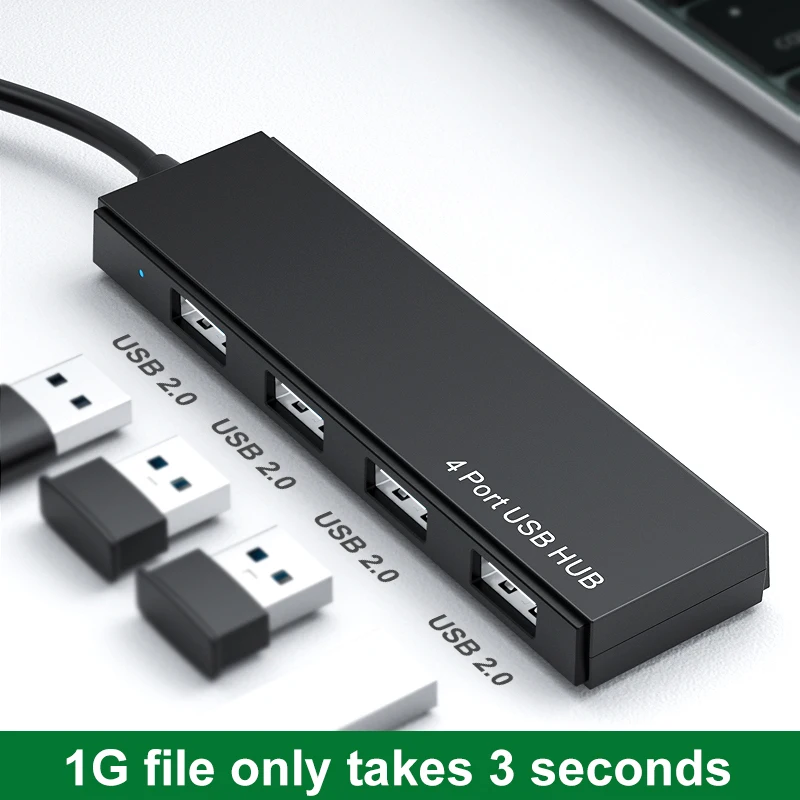 Light Portable Black ABS Case Mini USB Hub 2.0 USB Port Docking Station 480Mbps Transfer Rate for Macbook Laptop