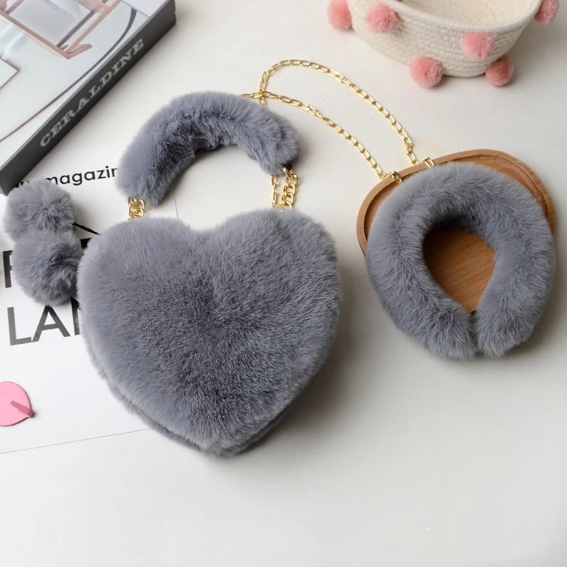 Aotemao 2021 New Fashion Fur Heart Purse with Headband Set Designer Lady Cute Heart Shaped Purse Handbags