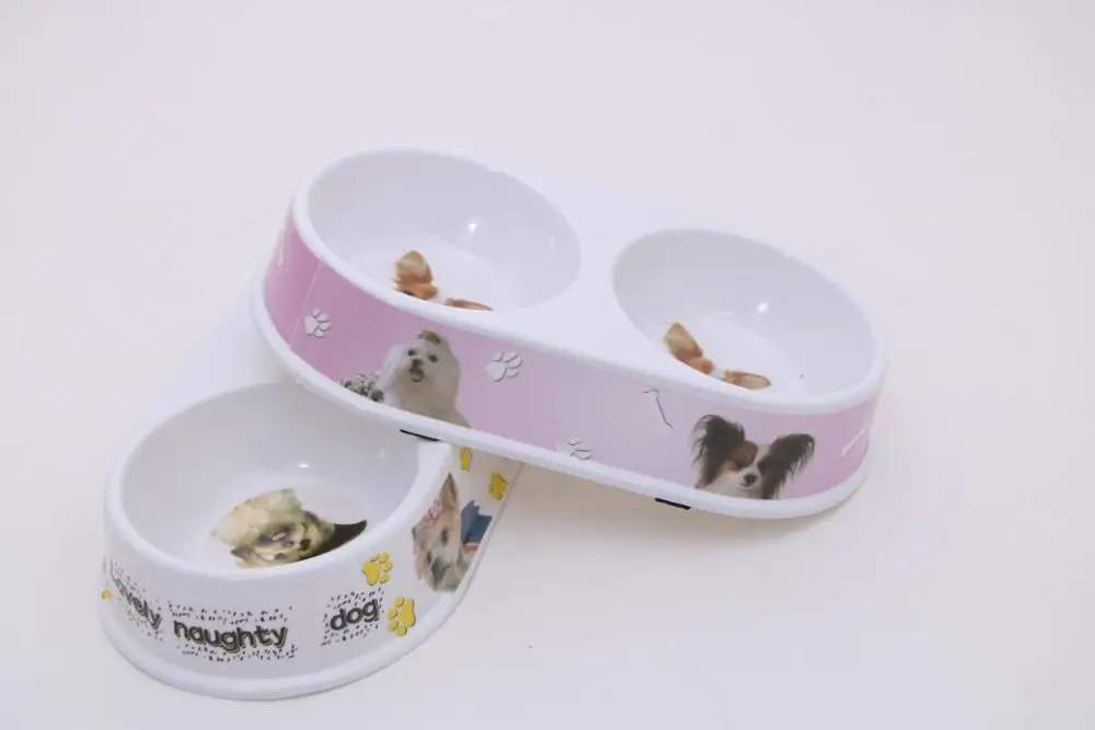 Premium Quality Colorful Melamine Printed  Round Double Dog Bowl Plastic Pet Food Bowl