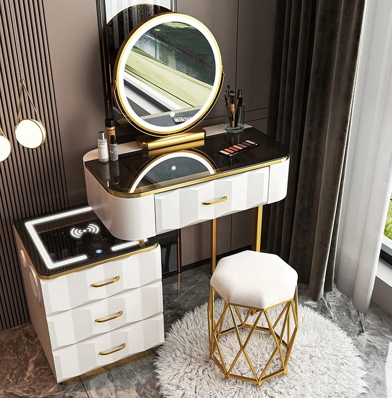 Modern Style Wireless Charge Furniture Vanity Makeup Dresser Set Design Metal Feet Bedroom Dressing Table With Led Light Mirror