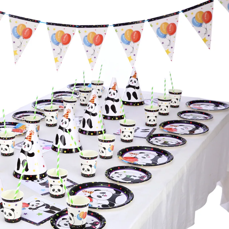2022 Party panda theme disposal kung fu panda ornament Paper Plate Set plates 9inch 7inch cups napkin black panda theme