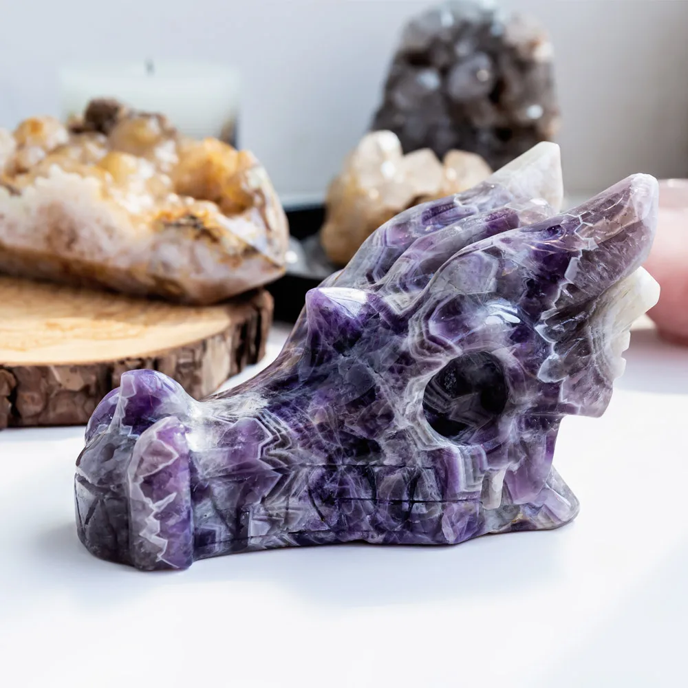 Natural Dream Amethyst Crystal Dragon Head Skulls Hand Carving Crystal Crafts Healing Stones