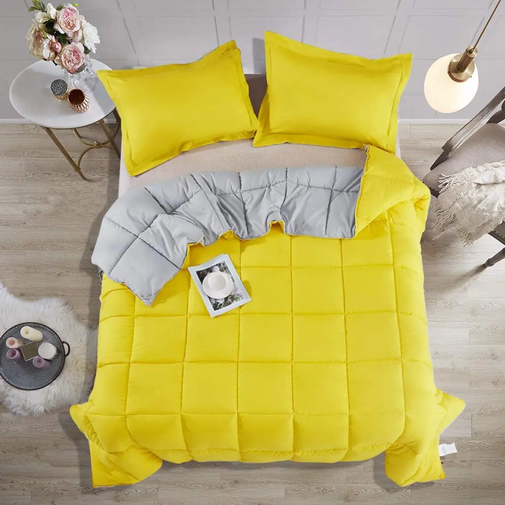 3 Piece All Season Down Alternative Yellow Reversible Comforter Duvet Insert Queen - Diamond Stitched & 4 Corner Tabs - Machine