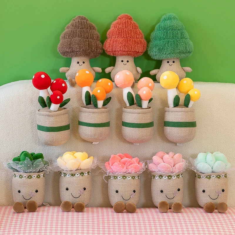 Wholesale Cute Plush Flower Pots and Mushroom Indoor Decoration Figures Pine Plant Pillows and Toys for Home Decor