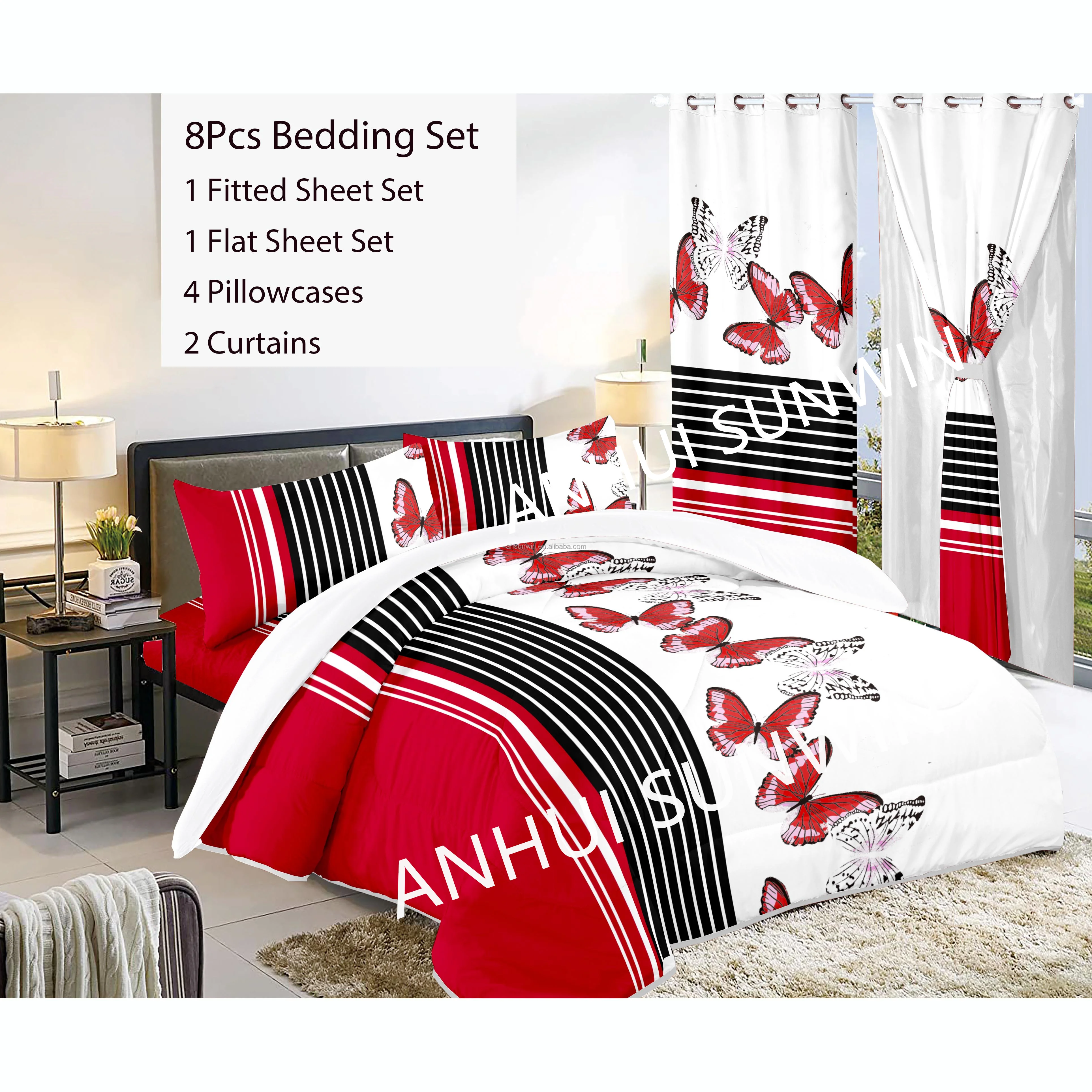 Curtain Bedding Set Nantong Factory 8Pcs Bedsheet With Matching Curtains King Cal King Size For Sales