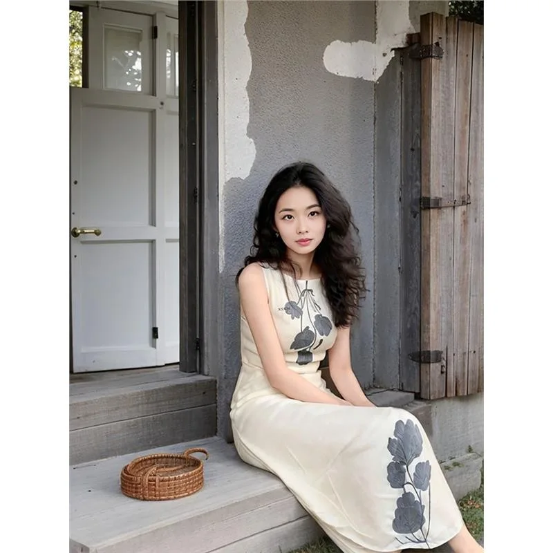 New Chinese Style Women Floral Sleeveless Slim Long Dress Ladies Causal Dresses