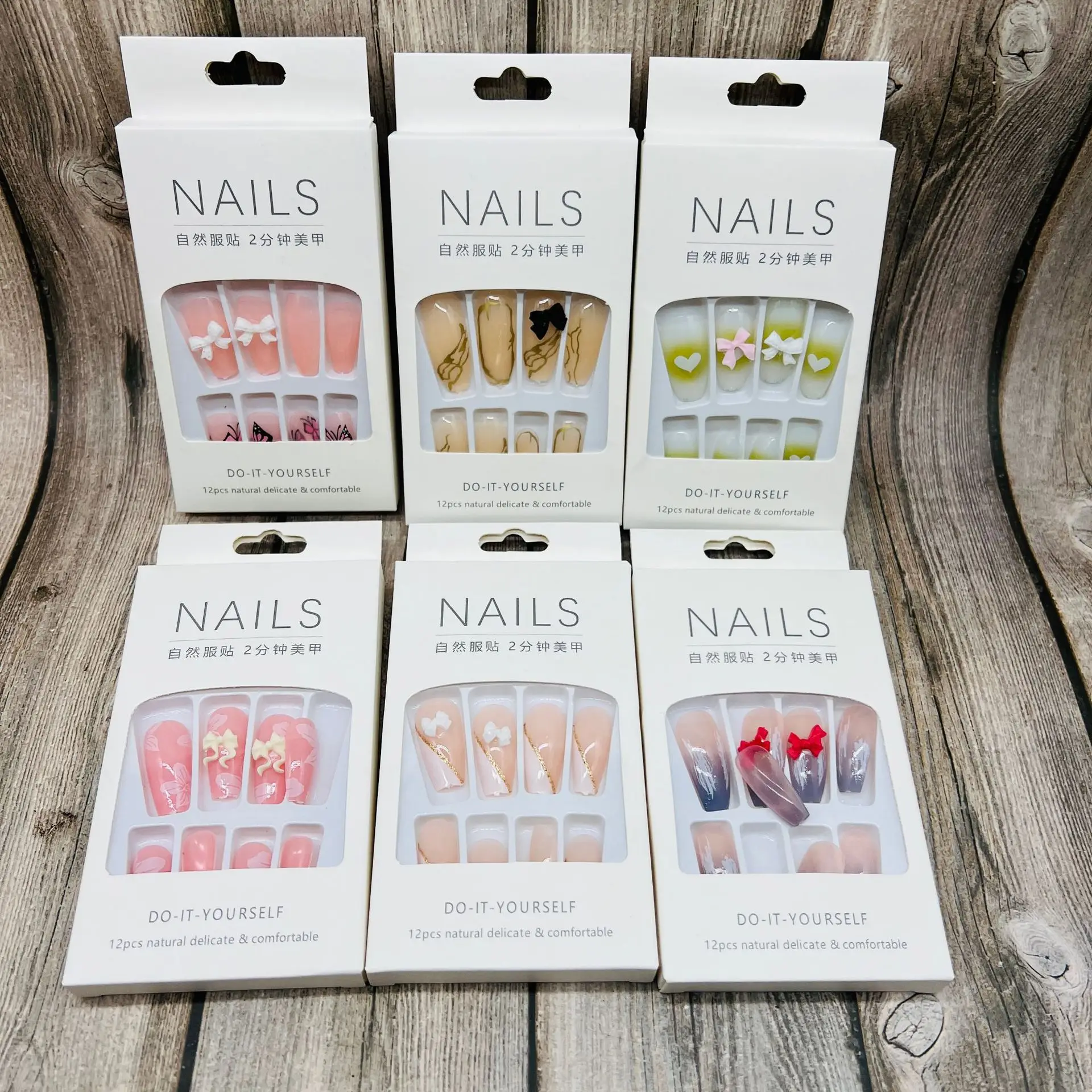 Neiss Medium whole sale short handmade press+on+nails acrylic or gel real acrylic diy press on nails kit box packaging cardboard