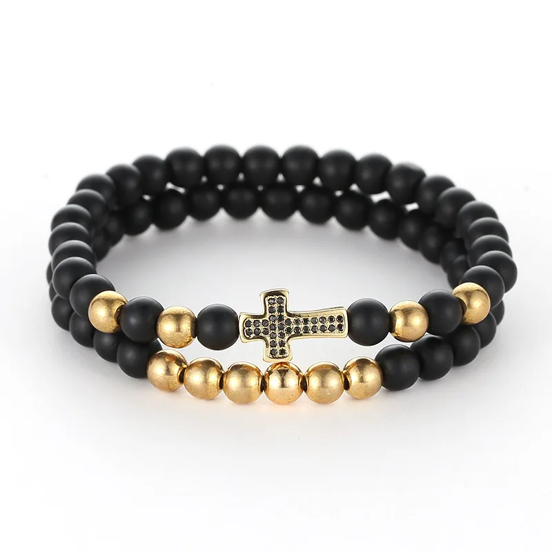 Copper Microinlaid Set Cross Multi color Zircon 6mm Copper Beads Black Frosted Stone Fashion Bracelet