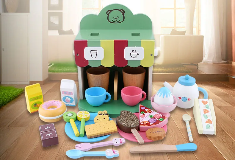 Baby Early Learning Educational Toys Wooden Kitchen Pretend Play Toy with Simulation Coffee Machine Toaster Machine Food Mixer