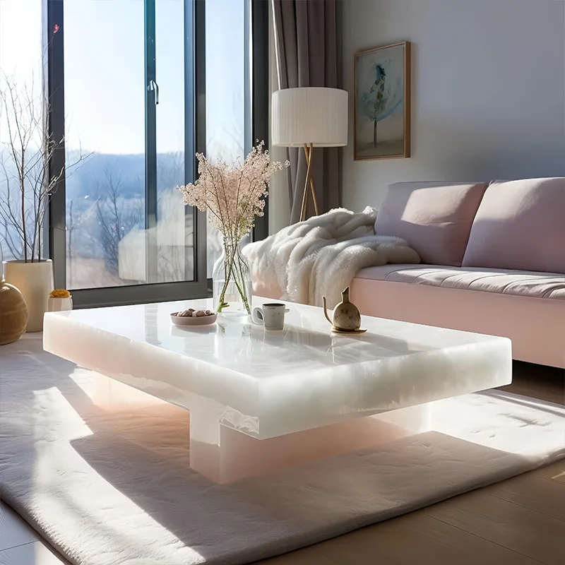 100*100cm Backlit Translucent Blue Onyx Coffee Table 48' Square Shiny Crystal Diamond Stone Living Room Bar Pub Furniture