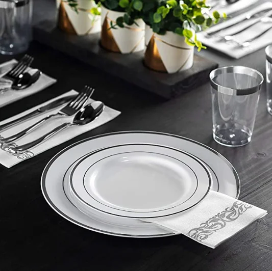 Wholesale Food Grade Dinning Gold Sliver Rose Tray Bowl Dish Tableware Set Heat-Resistant PS Plastic Plate Disposable Dinnerware
