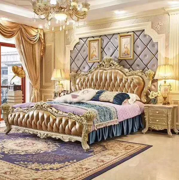 
European Italian antique furniture wooden genuine leather royal bedroom set for big house 
