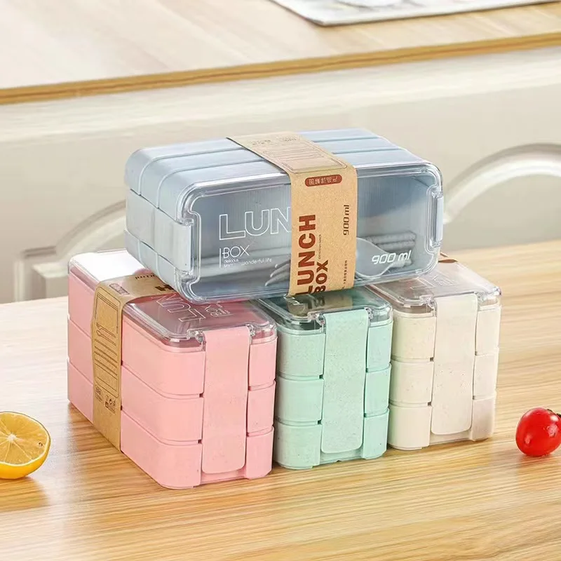 TATA Factory Wholesale Customization 3-In-1 Compartment Wheat Straw Bento Adults Lunch Box Square Three-layer Bento Box