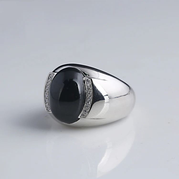 Custom Vintage Simple White Gold Natural Gemstone Rings For Man Laboratory Diamond 925 Sterling Silver Black Agate Male Ring